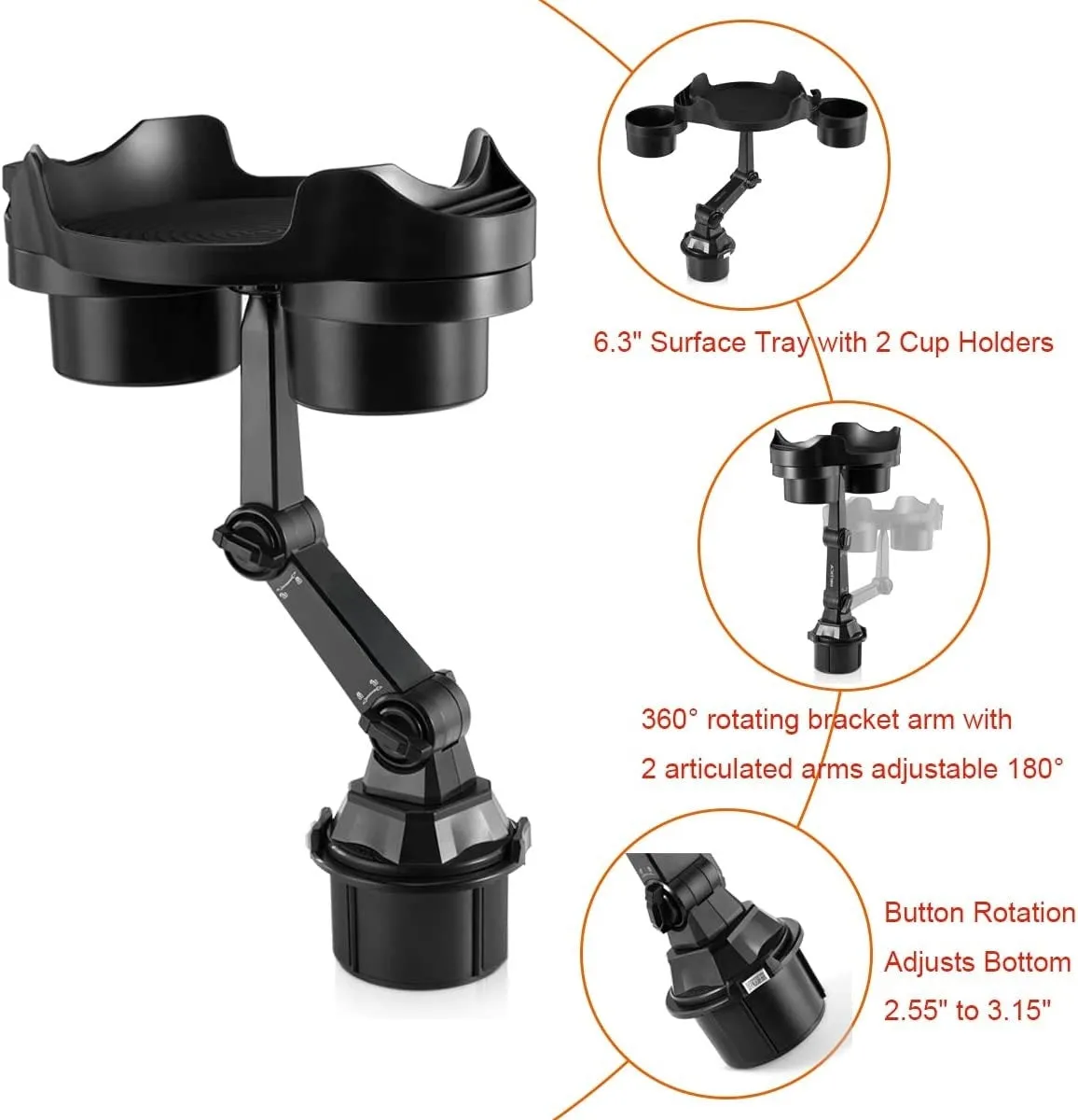 Cup Holder Expander for Car, 360 Degrees Rotate Adjustable 6.3 inches Surface Car Tray Table and Drink Holders with 3 Coaster, Car Cup Holder Tray Apply to All Auto Models