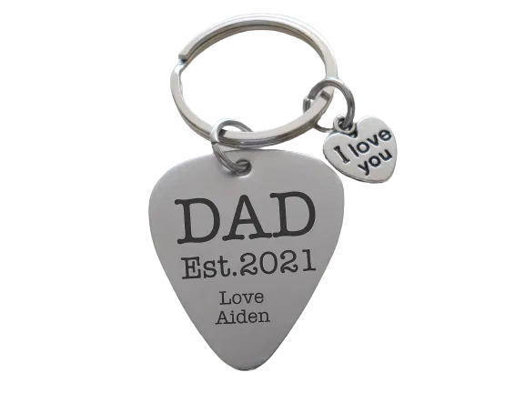 Custom Engraved Stainless Steel Guitar Pick Keychain with Heart Charm for Father's Day or Gift for Dad