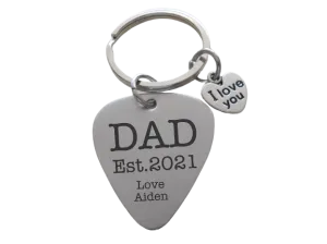 Custom Engraved Stainless Steel Guitar Pick Keychain with Heart Charm for Father's Day or Gift for Dad