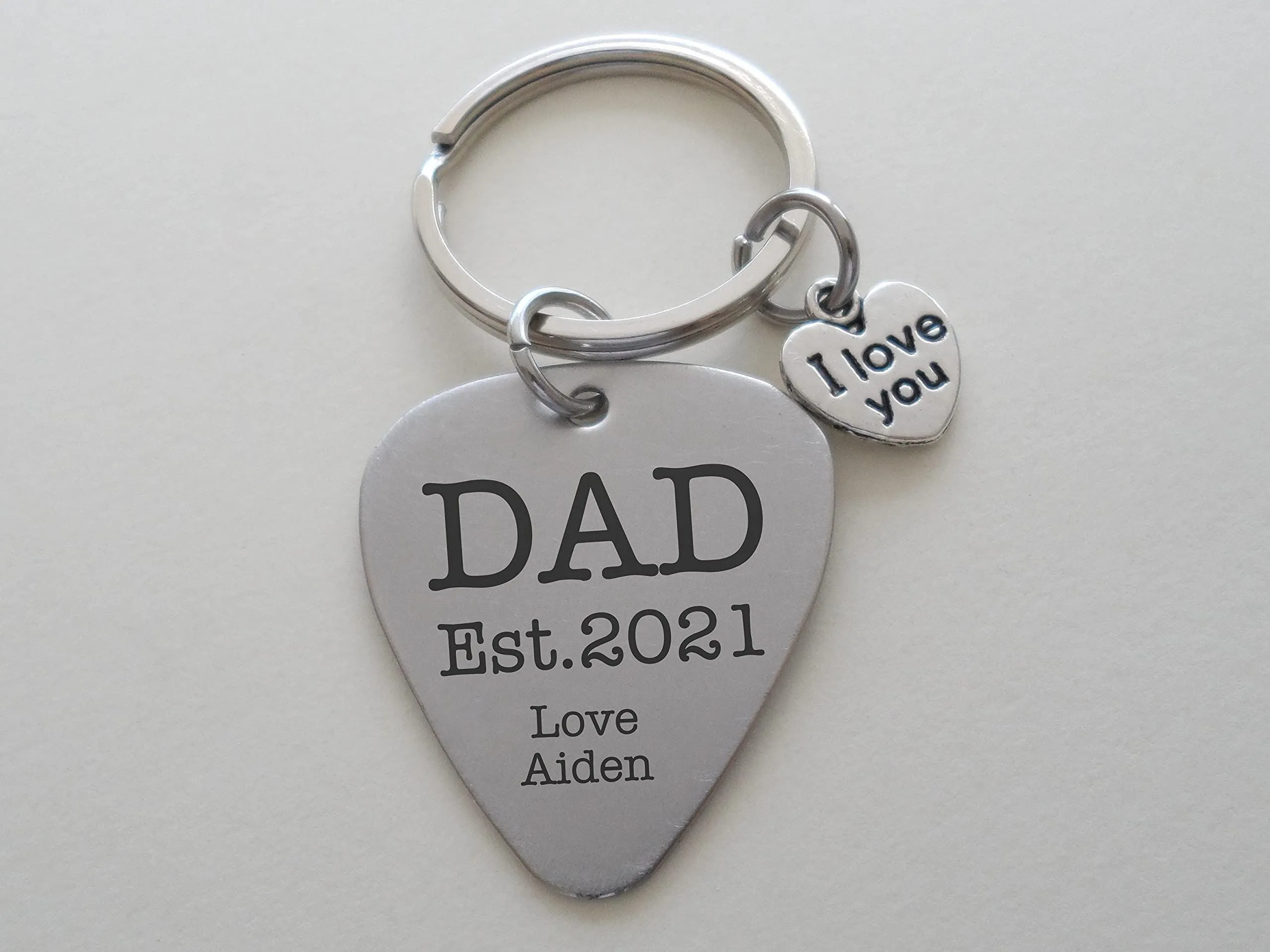 Custom Engraved Stainless Steel Guitar Pick Keychain with Heart Charm for Father's Day or Gift for Dad