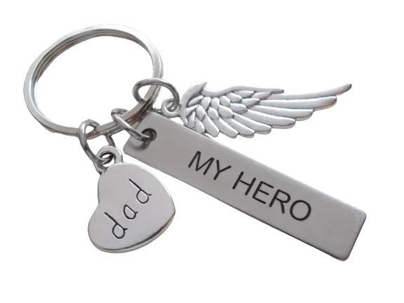 Custom Memorial Keychain with Wing Charm, My Hero Tag Charm, and Heart Charm, Loss Gift, Remembrance Gift Keychain