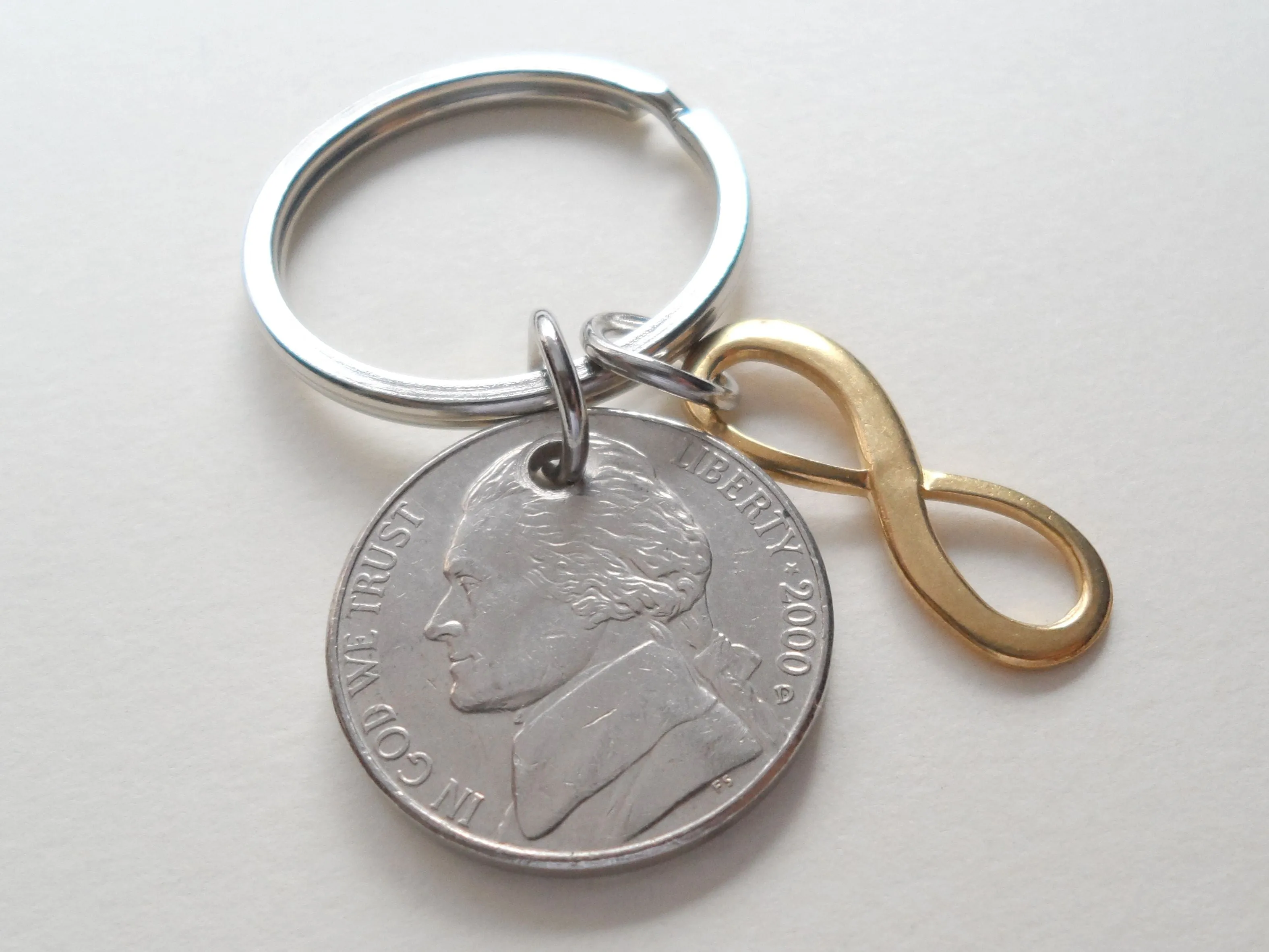 Custom Nickel Keychain with Solid Brass Infinity Charm, 21 Year Anniversary Gift, Husband Wife Key Chain, Boyfriend Girlfriend Gift, Customized Couples Keychain