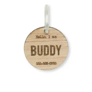 Custom Personalized Circle Hello Wood Pet Name Phone Number Identification Dog Tag Engraved Dog Collar