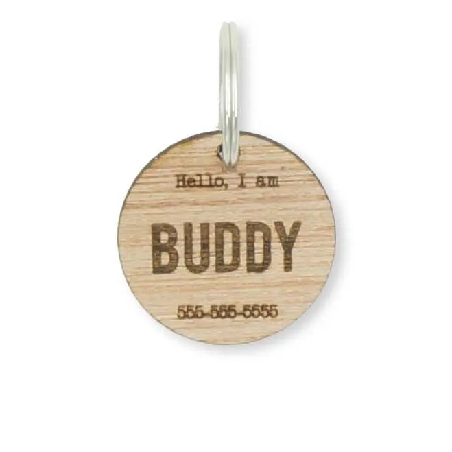 Custom Personalized Circle Hello Wood Pet Name Phone Number Identification Dog Tag Engraved Dog Collar