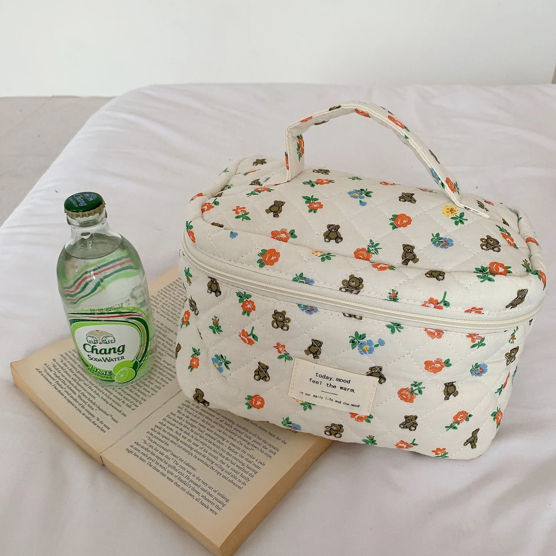 Cute Bear Floral Letters Pattern Quilted cotton Cosmetic Organizer, Large Capacity Makeup Bag