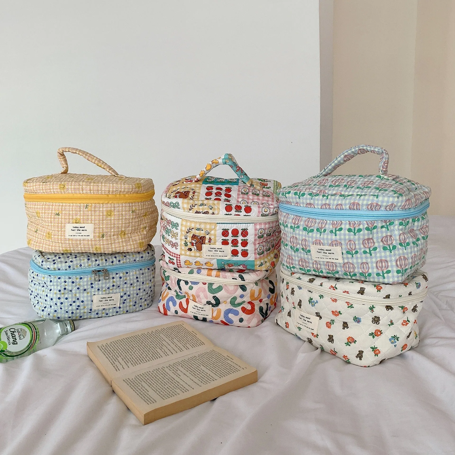 Cute Bear Floral Letters Pattern Quilted cotton Cosmetic Organizer, Large Capacity Makeup Bag