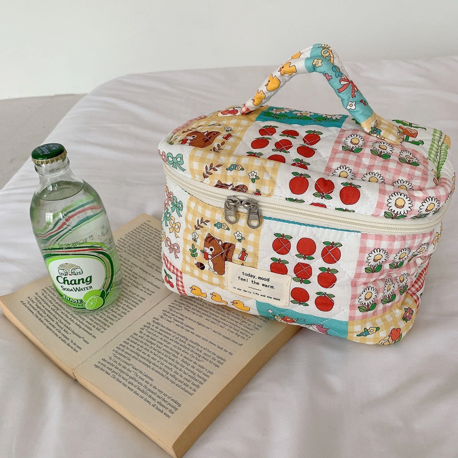 Cute Bear Floral Letters Pattern Quilted cotton Cosmetic Organizer, Large Capacity Makeup Bag