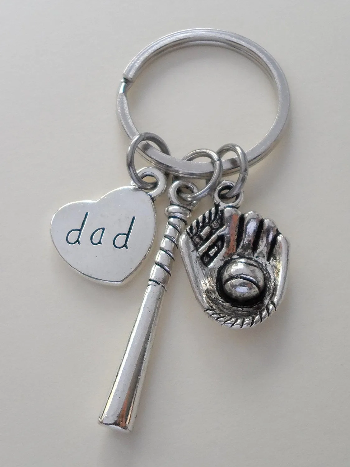 Dad Baseball Keychain, Baseball Glove & Baseball Bat charm; Father's Gift