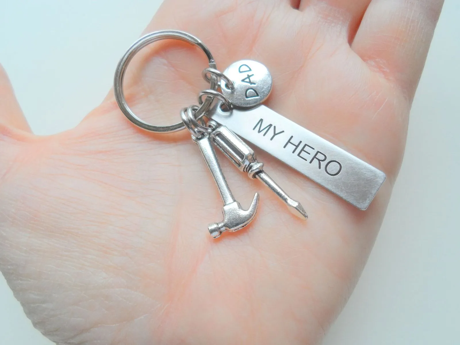 Dad My Hero Engraved Tag Keychain with Hammer and Screwdriver Tool Charms, Fathers Tools Charm Keychain