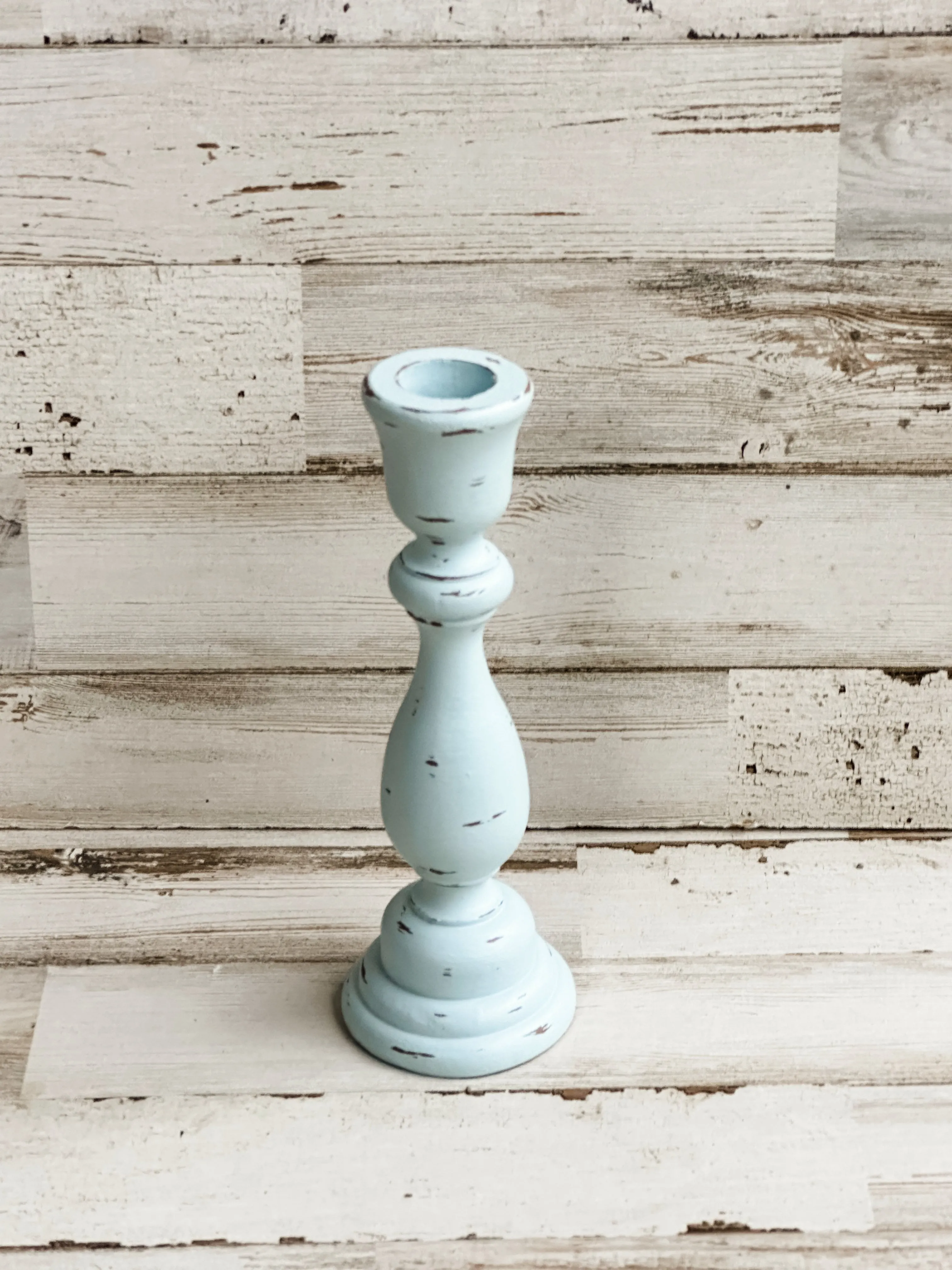 Distressed sky blue hand-painted candlestick
