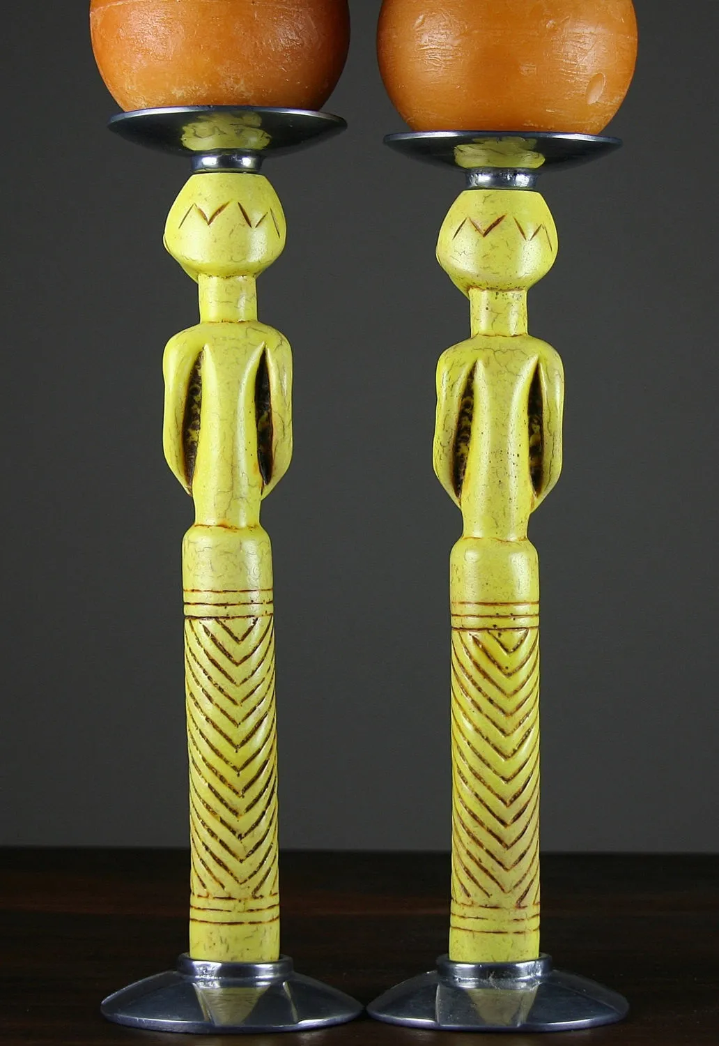 Ecco Ivory African Tribal Candleholder Set Pewter Base and Top