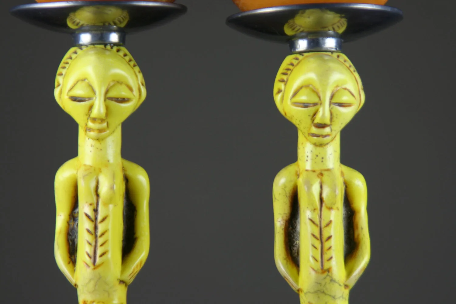 Ecco Ivory African Tribal Candleholder Set Pewter Base and Top
