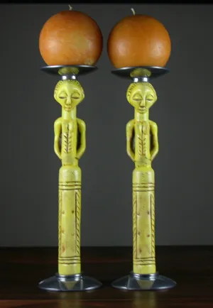 Ecco Ivory African Tribal Candleholder Set Pewter Base and Top