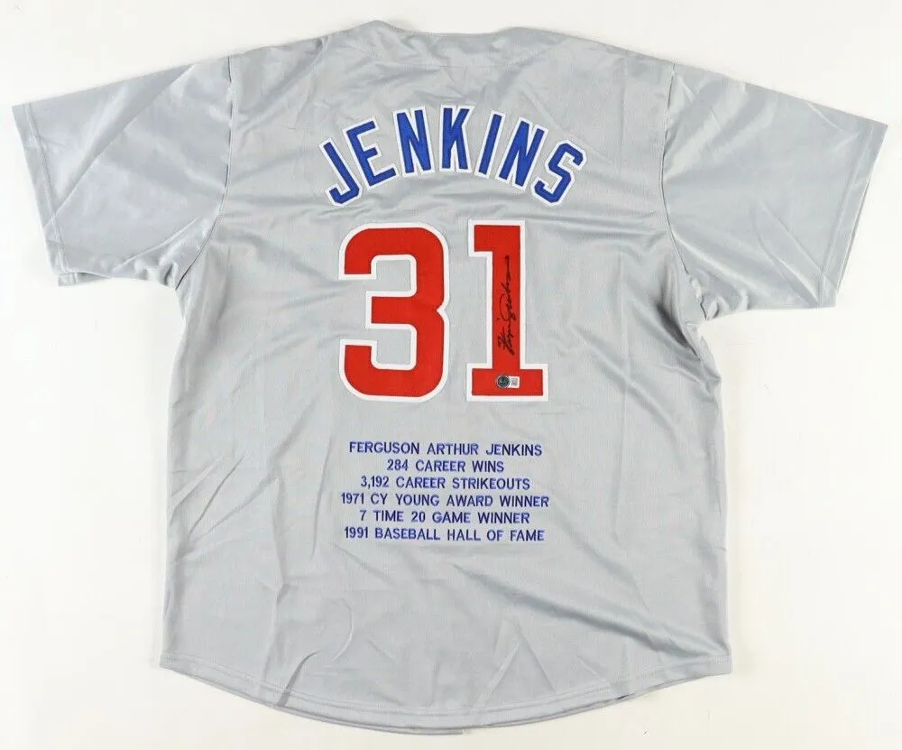 Ferguson Fergie Jenkins Signed Cubs Career Stat Jersey (Beckett)1969 Chicago Ace