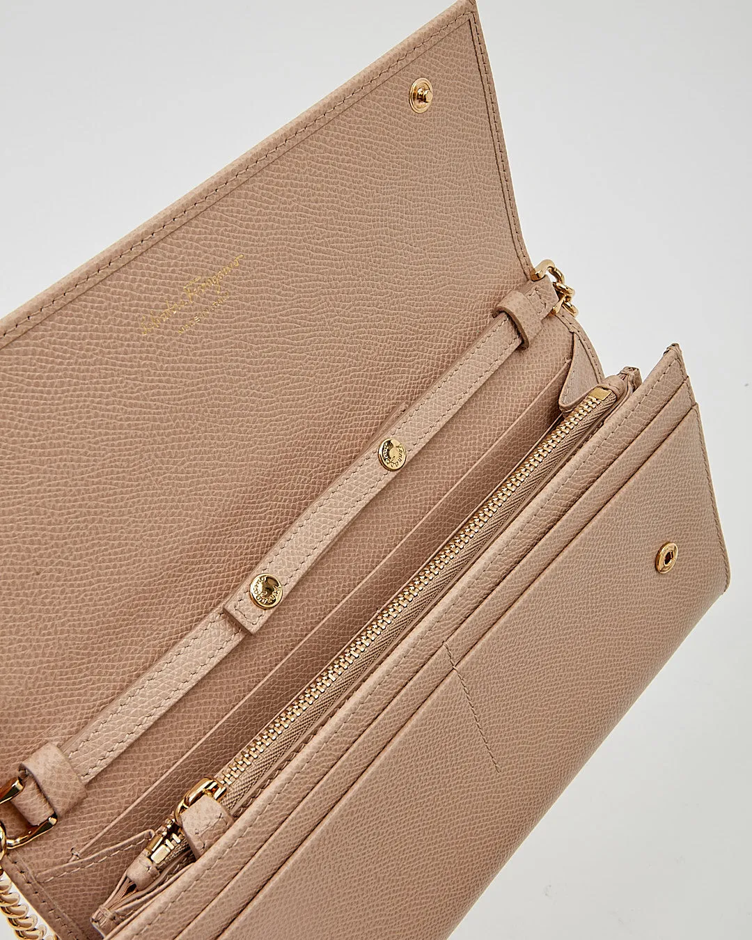 Ferragamo Beige Leather Gancini Logo Wallet On Chain