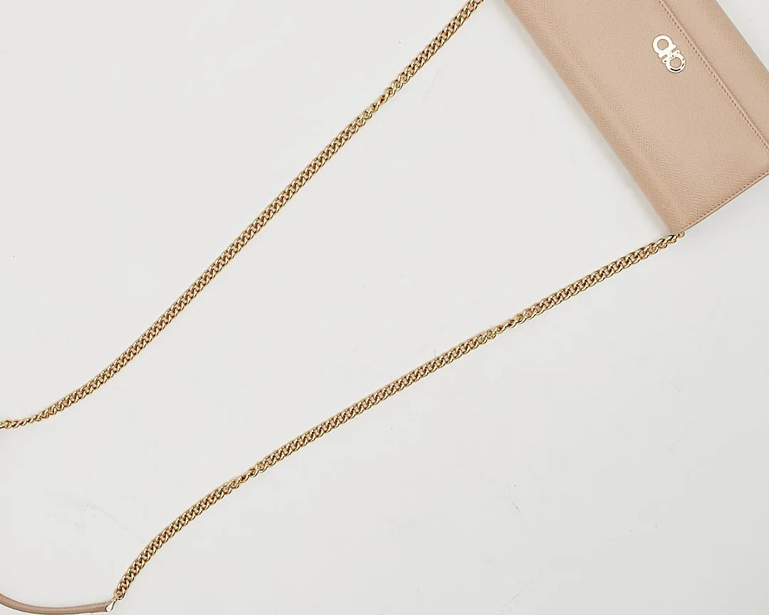 Ferragamo Beige Leather Gancini Logo Wallet On Chain