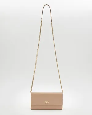 Ferragamo Beige Leather Gancini Logo Wallet On Chain