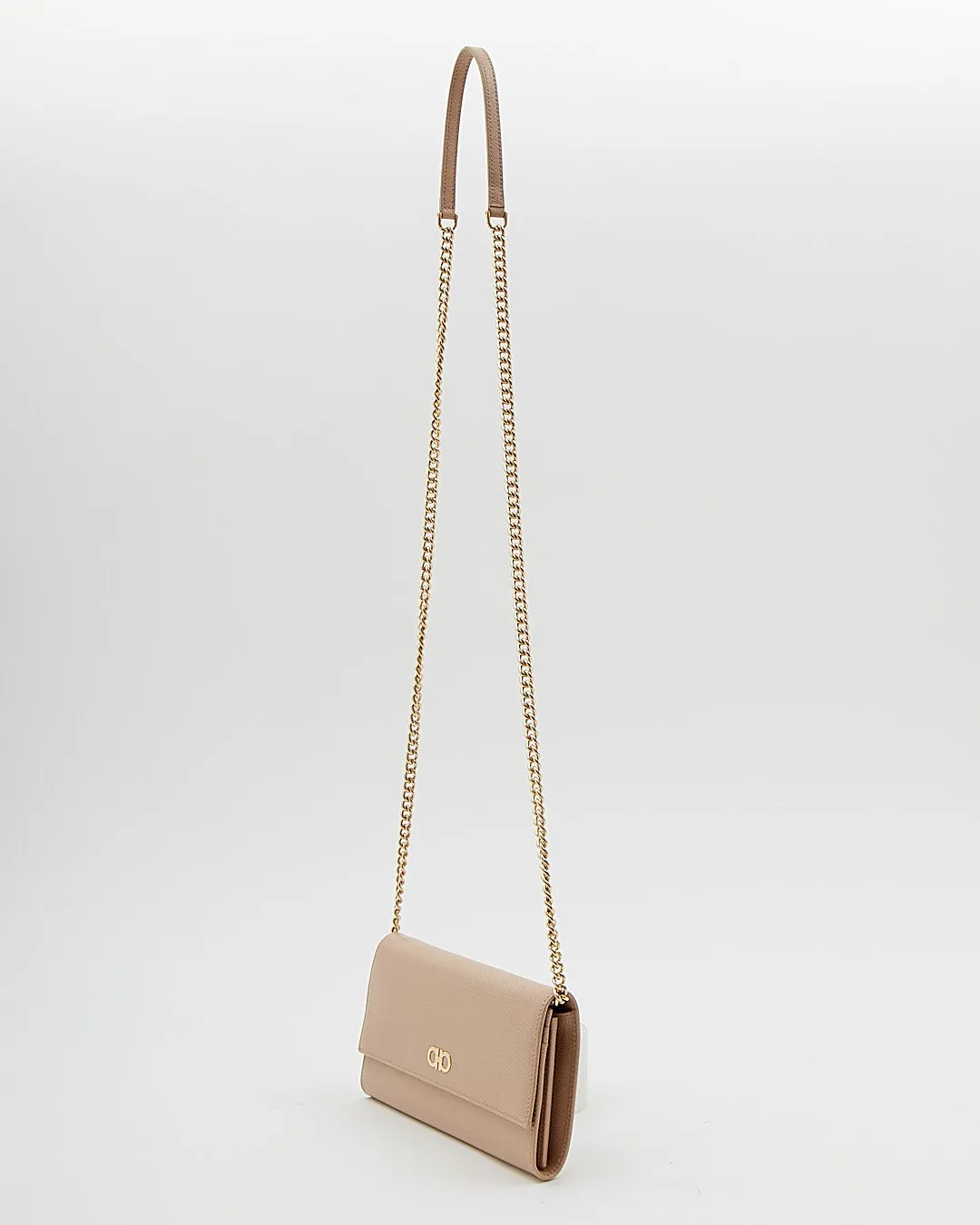 Ferragamo Beige Leather Gancini Logo Wallet On Chain