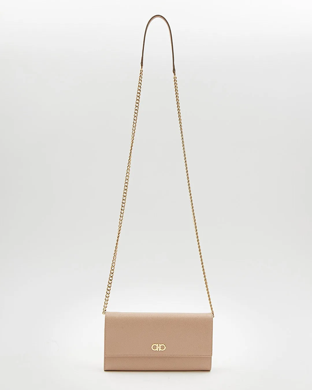 Ferragamo Beige Leather Gancini Logo Wallet On Chain