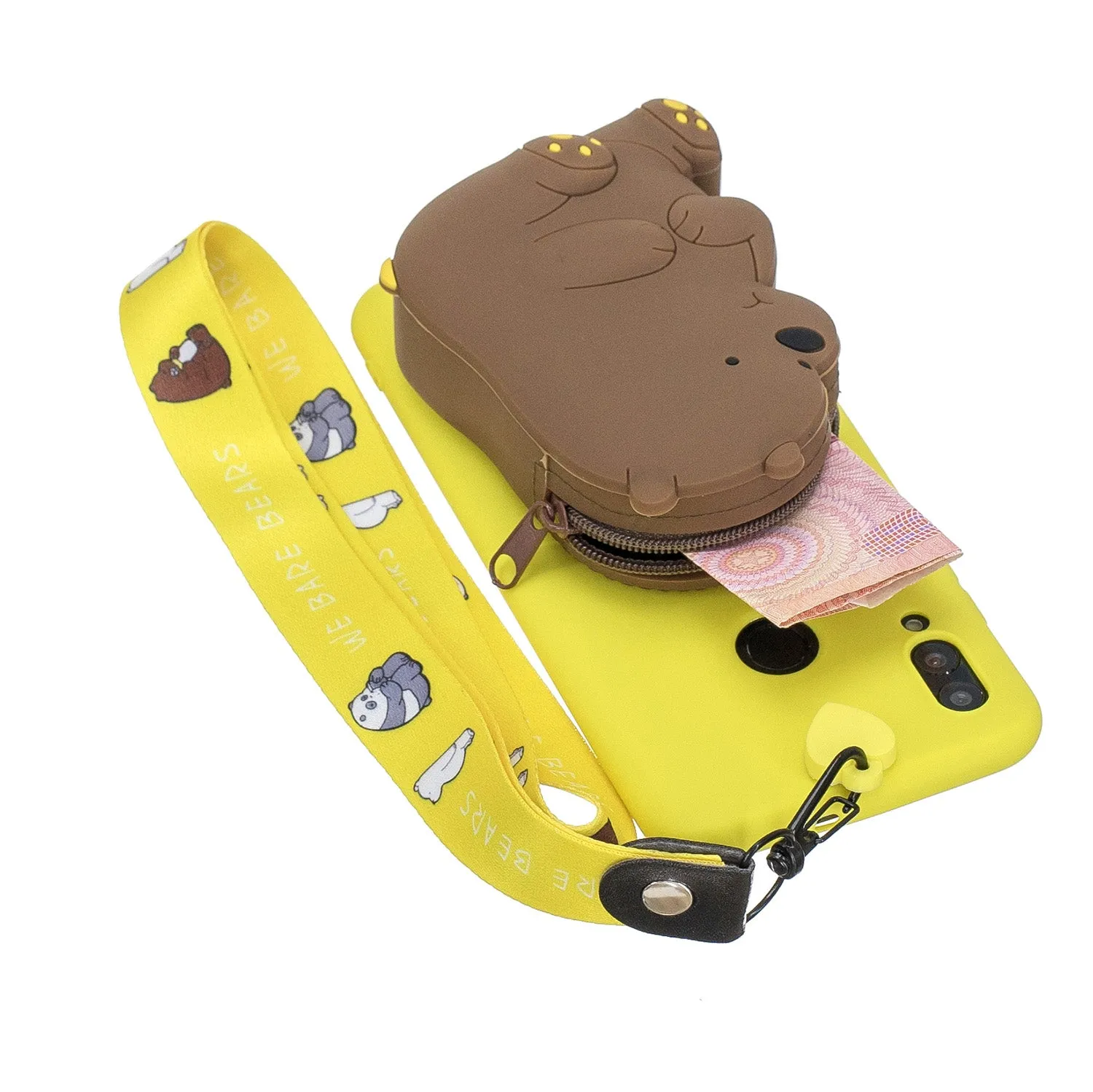 For HUAWEI Y6 2019 Y7 2019 Y9 2019 Cartoon Full Protective TPU Mobile Phone Cover with Mini Coin Purse Cartoon Hanging Lanyard 1 yellow brown bear