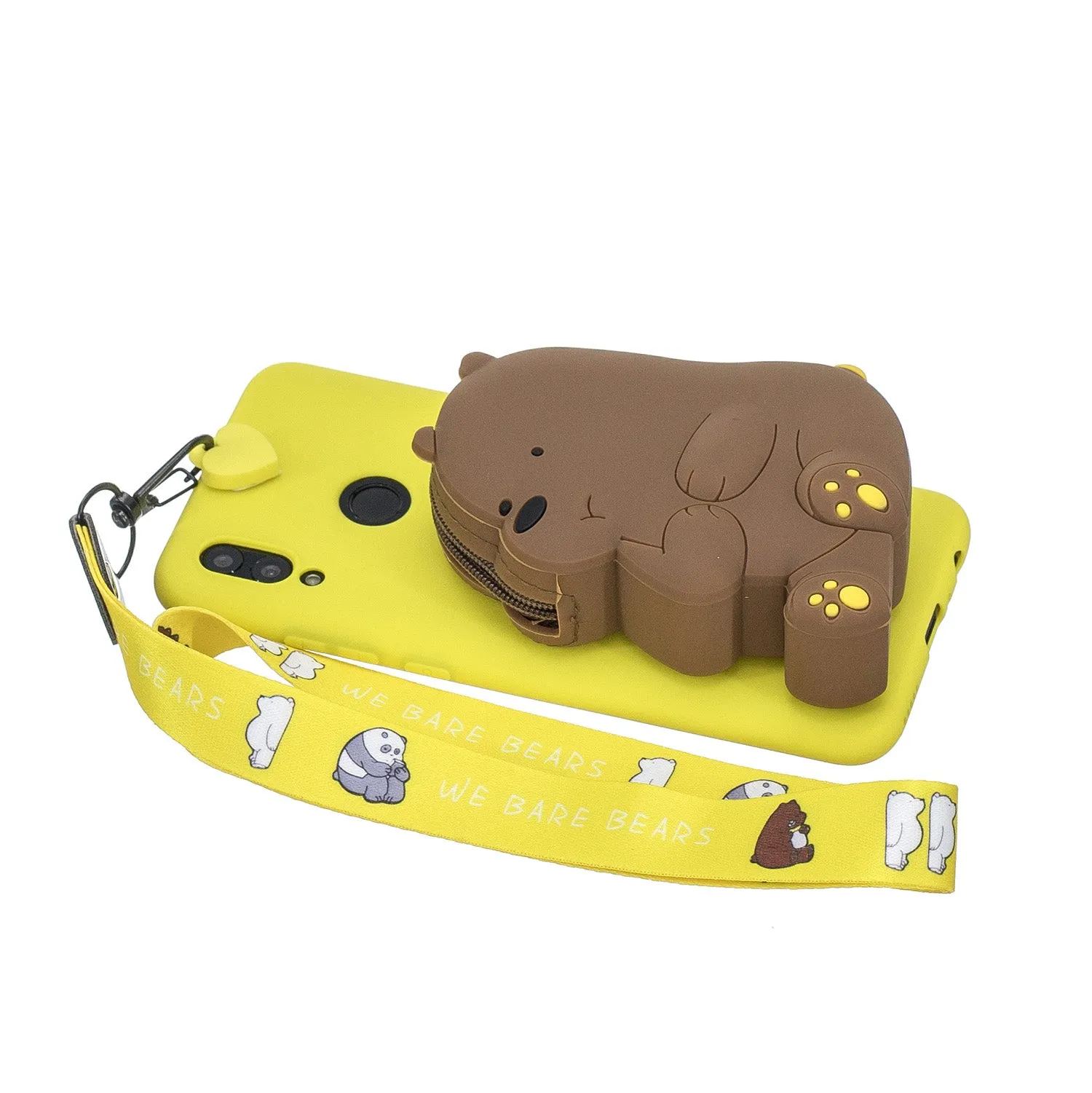 For HUAWEI Y6 2019 Y7 2019 Y9 2019 Cartoon Full Protective TPU Mobile Phone Cover with Mini Coin Purse Cartoon Hanging Lanyard 1 yellow brown bear