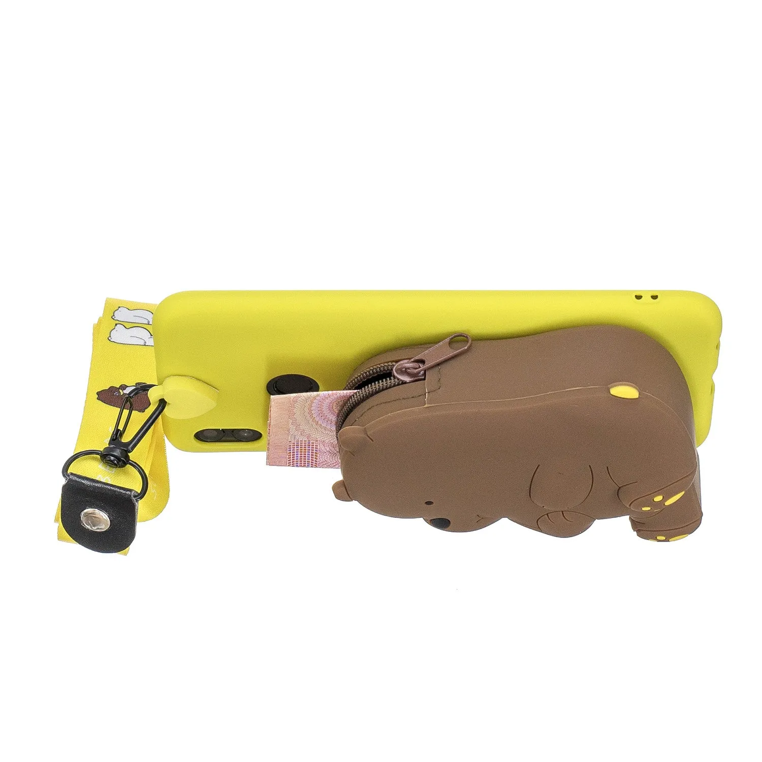 For HUAWEI Y6 2019 Y7 2019 Y9 2019 Cartoon Full Protective TPU Mobile Phone Cover with Mini Coin Purse Cartoon Hanging Lanyard 1 yellow brown bear