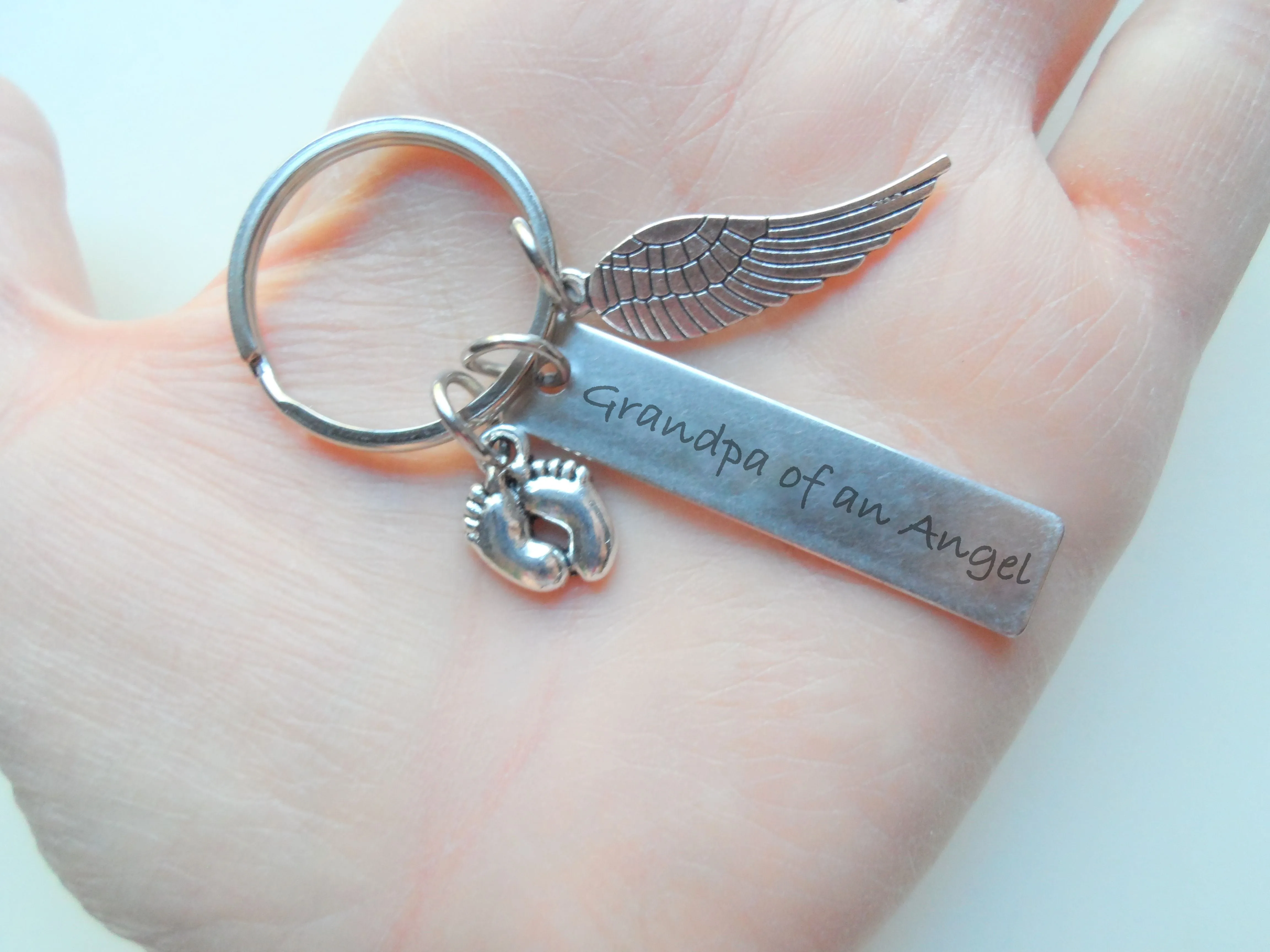 Grandpa of an Angel Engraved Keychain, Baby Memorial Keychain, Wing Charm and Baby Feet Charm