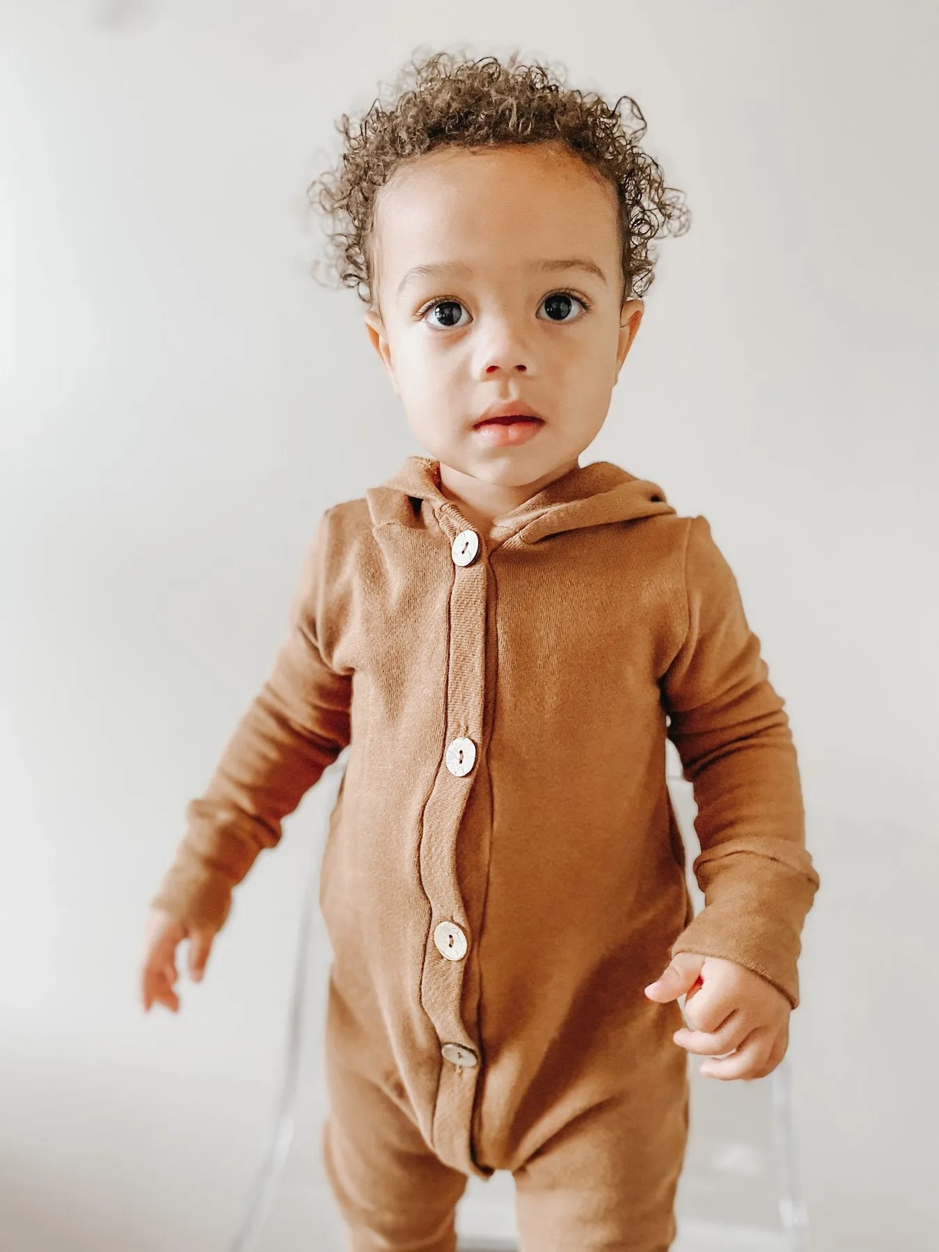 Gus   Steel Hooded Romper in Nutmeg