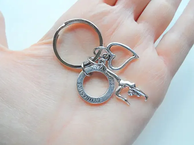 Gymnastics Keychain with Gymnast Charm, Gymnast Word Ring Charm, and Heart Charm; Gymnast or Coach Keychain