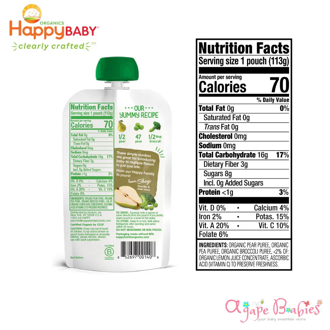 Happy Baby Stage 2 (6  months) Simple Combos - Pears, Peas, Broccoli 99 g. (2 PACK BUNDLE) Exp: