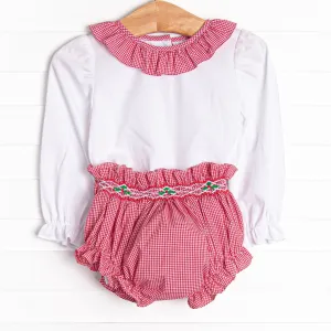 Holiday Holly Smocked Diaper Set, Red