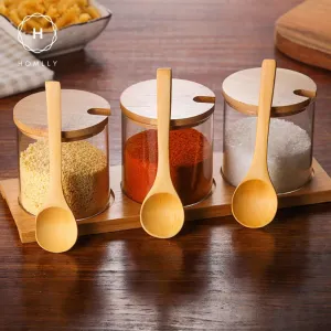 Homlly Glass Condiment Canisters Pots with Wooden Spoon Lid and Base