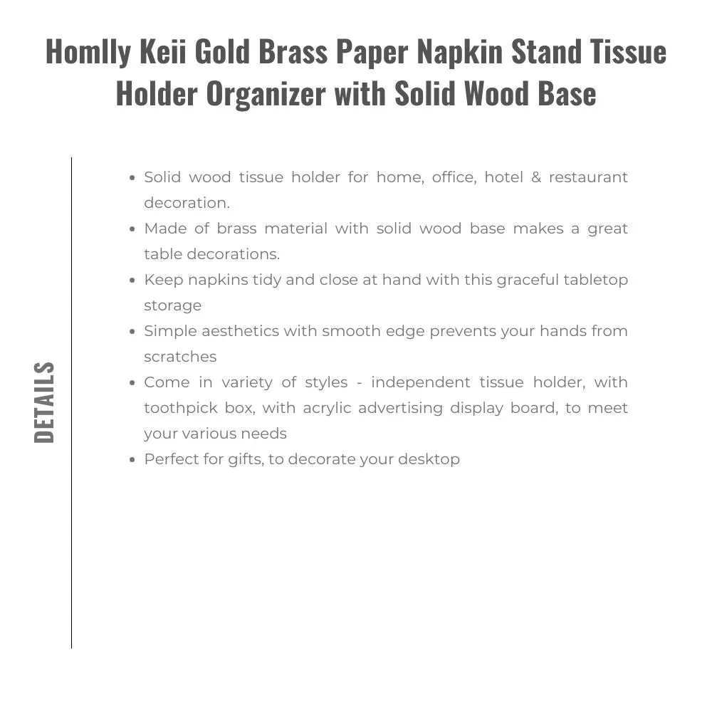 Homlly Keii Gold Brass Paper Napkin Stand Tissue Holder Organizer with Solid Wood Base