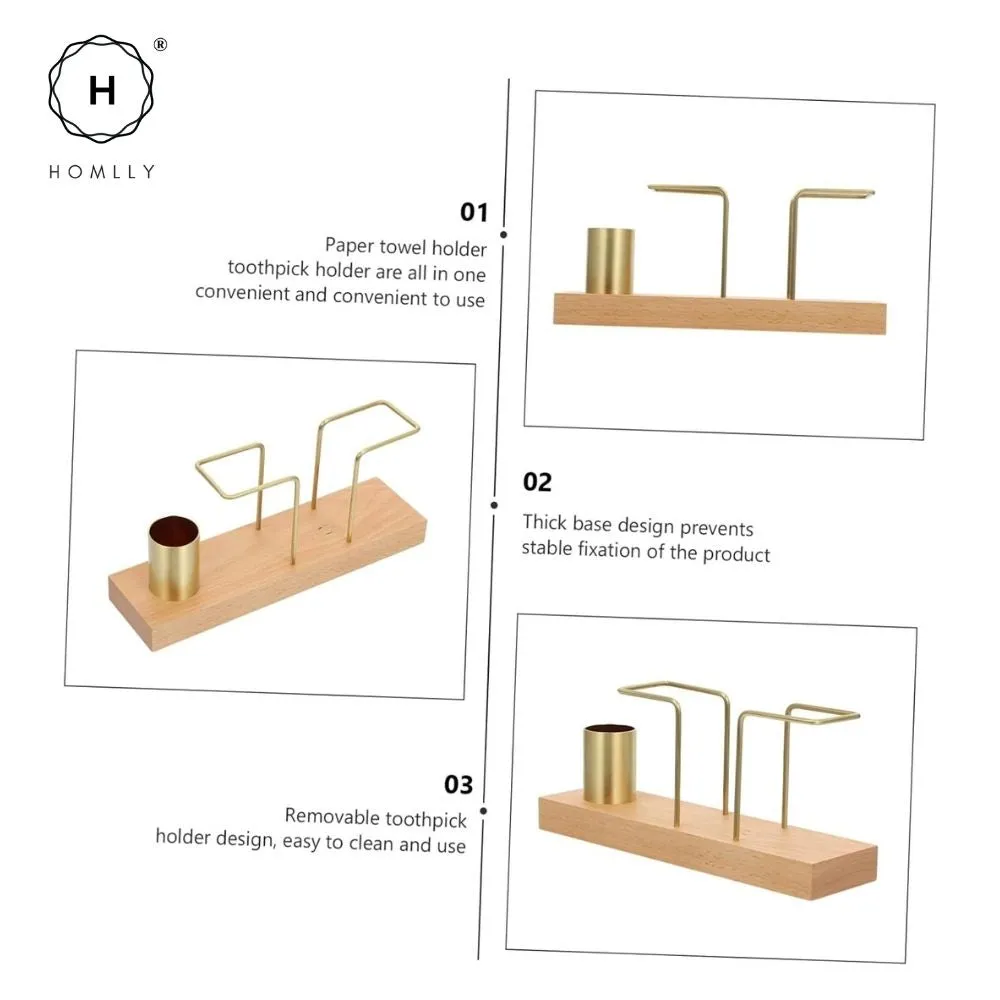 Homlly Keii Gold Brass Paper Napkin Stand Tissue Holder Organizer with Solid Wood Base