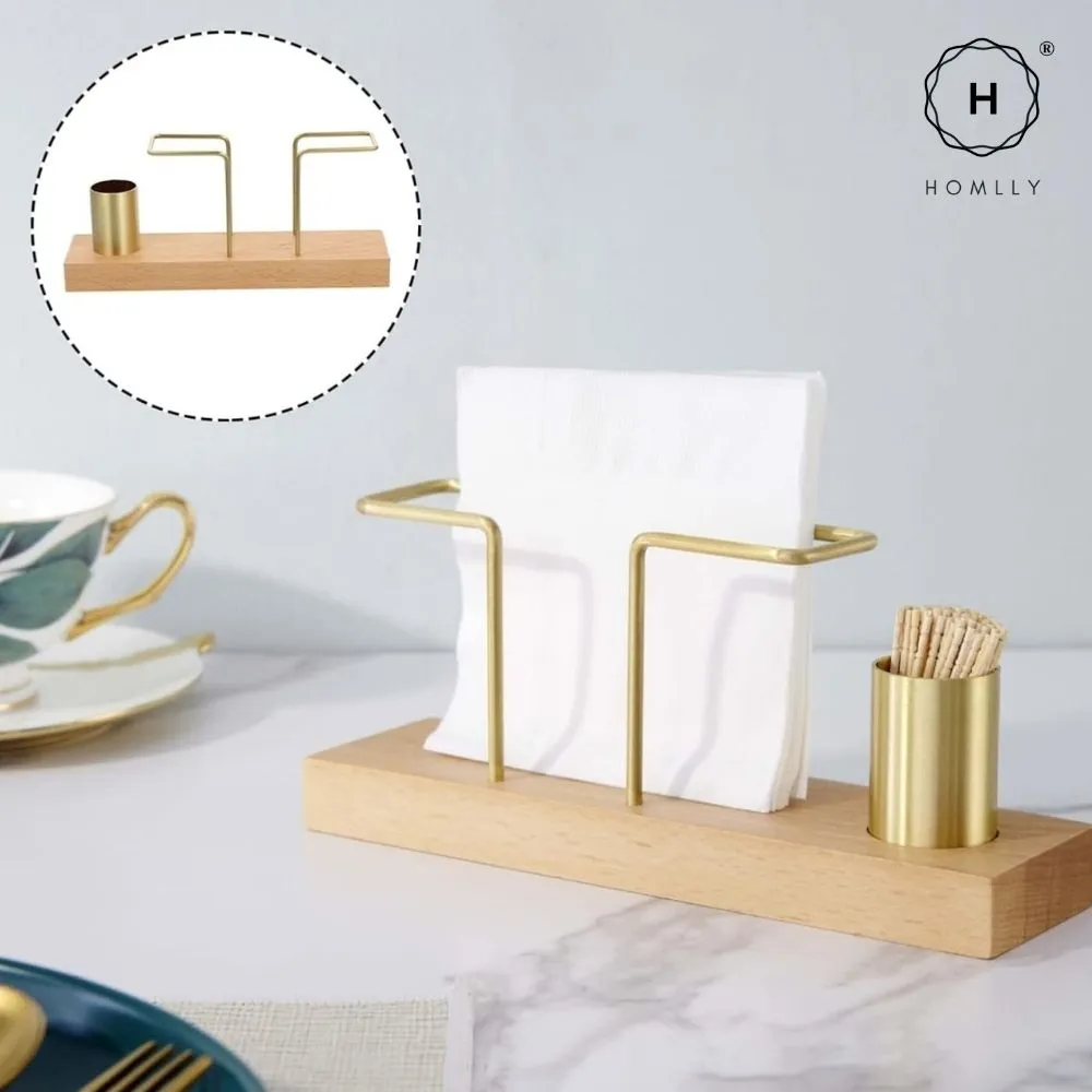 Homlly Keii Gold Brass Paper Napkin Stand Tissue Holder Organizer with Solid Wood Base