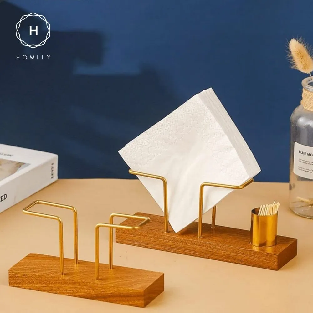 Homlly Keii Gold Brass Paper Napkin Stand Tissue Holder Organizer with Solid Wood Base