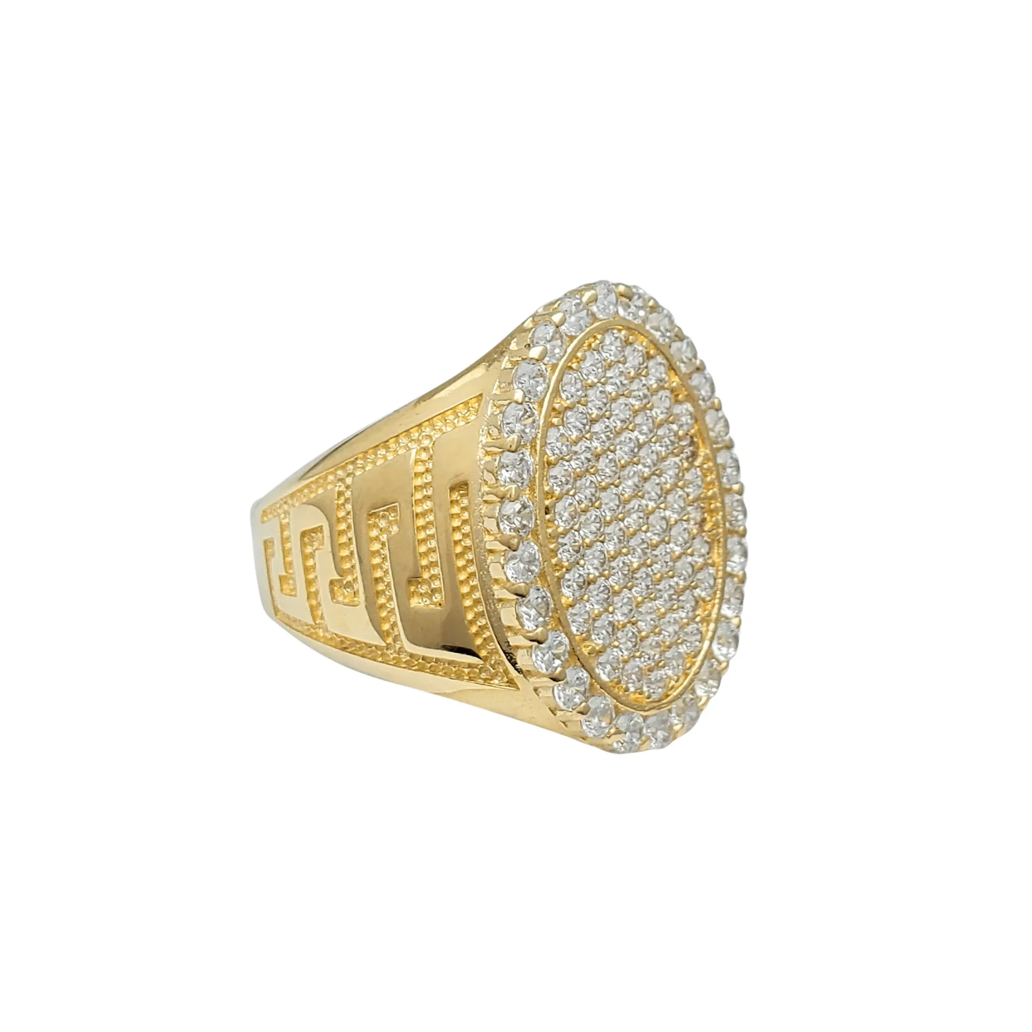 Iced-Out Oval Greek Key Textured Men's Ring (14K)