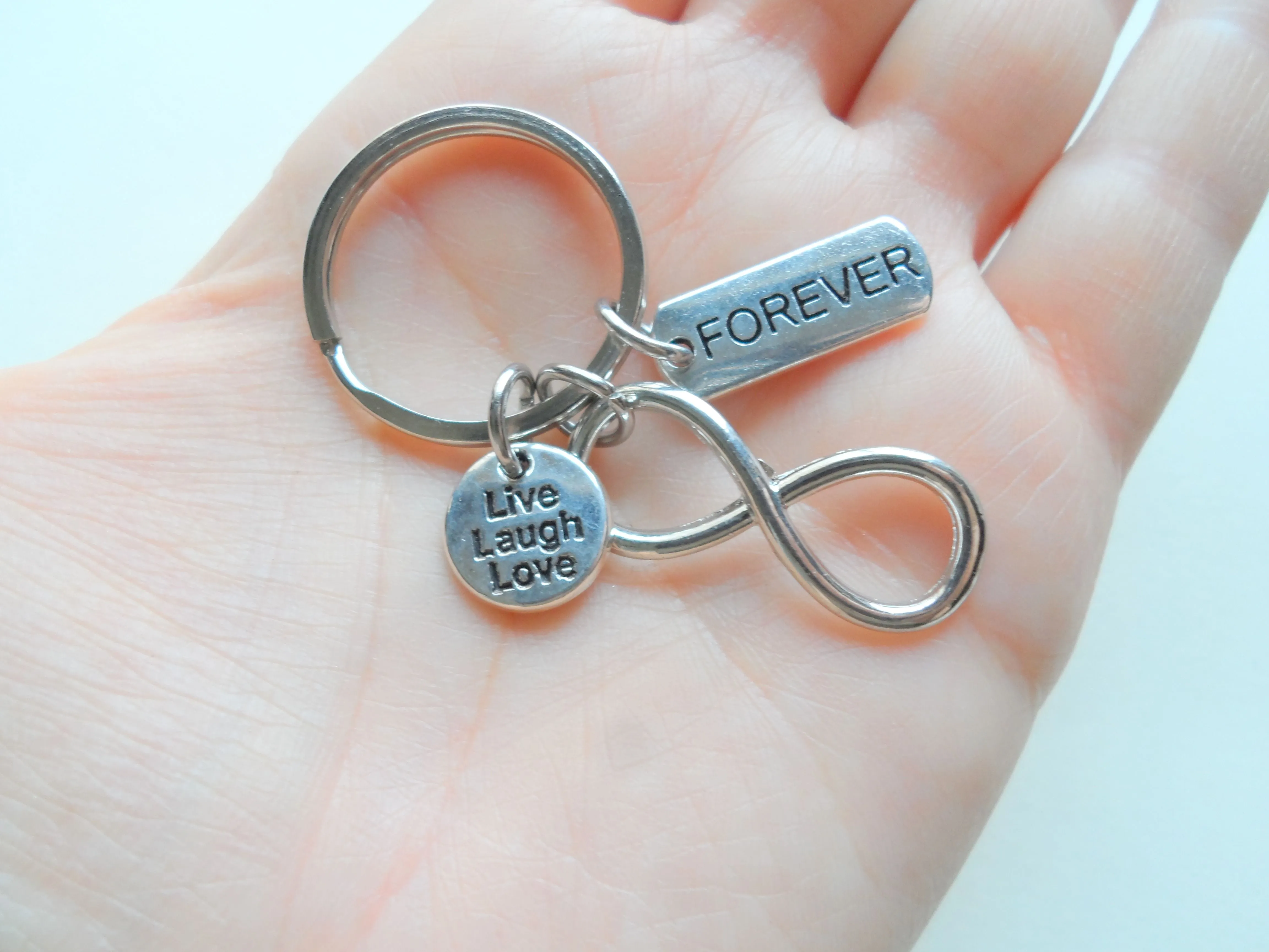 Infinity Charm Keychain with Forever Tag & Live Laugh Love Circle Charm, Couples Keychain