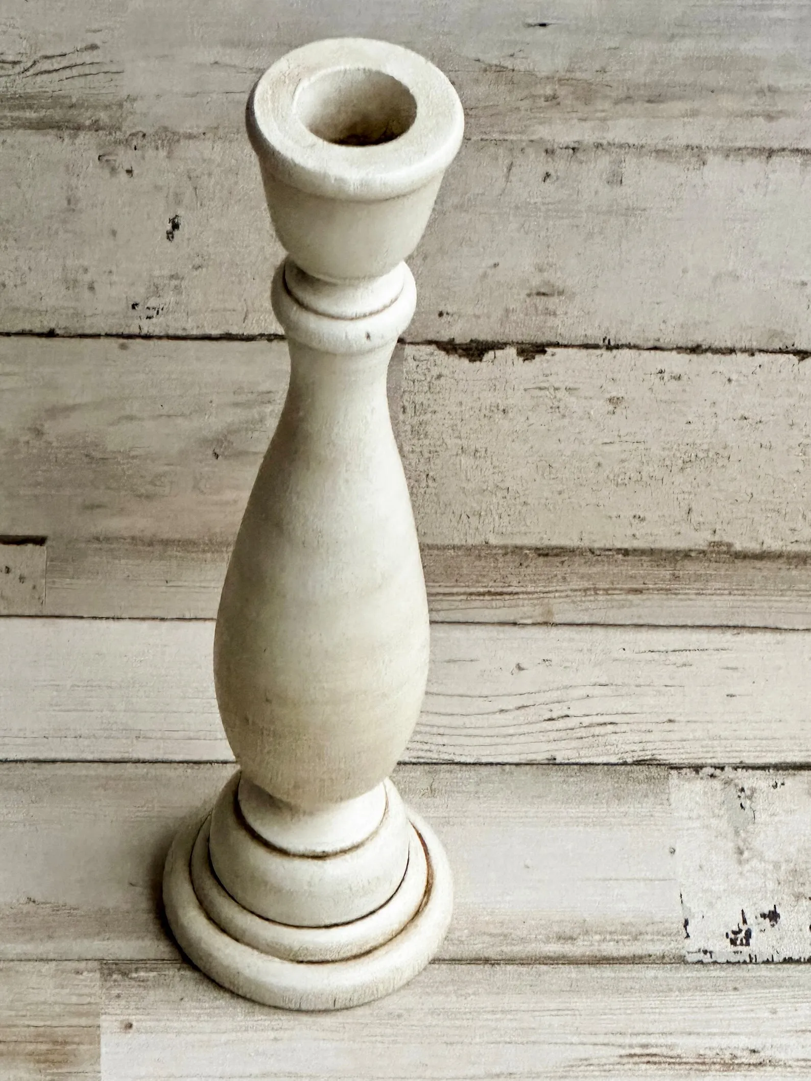 Ivory hand-painted neutral wooden candlestick