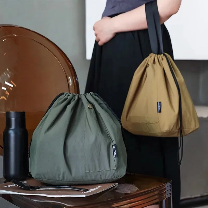 Japanese Korean Cotton Canvas Lunch Bag – Large Solid Color Drawstring Thermal Insulated Bento Box Storage for Picnic & Travel