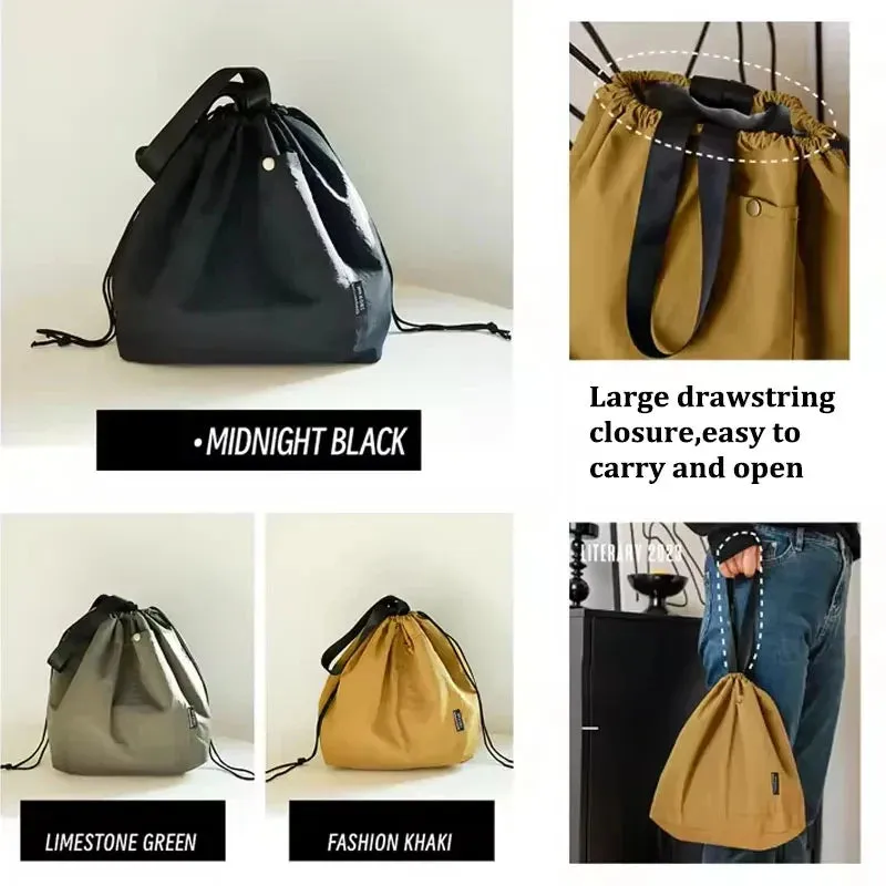 Japanese Korean Cotton Canvas Lunch Bag – Large Solid Color Drawstring Thermal Insulated Bento Box Storage for Picnic & Travel
