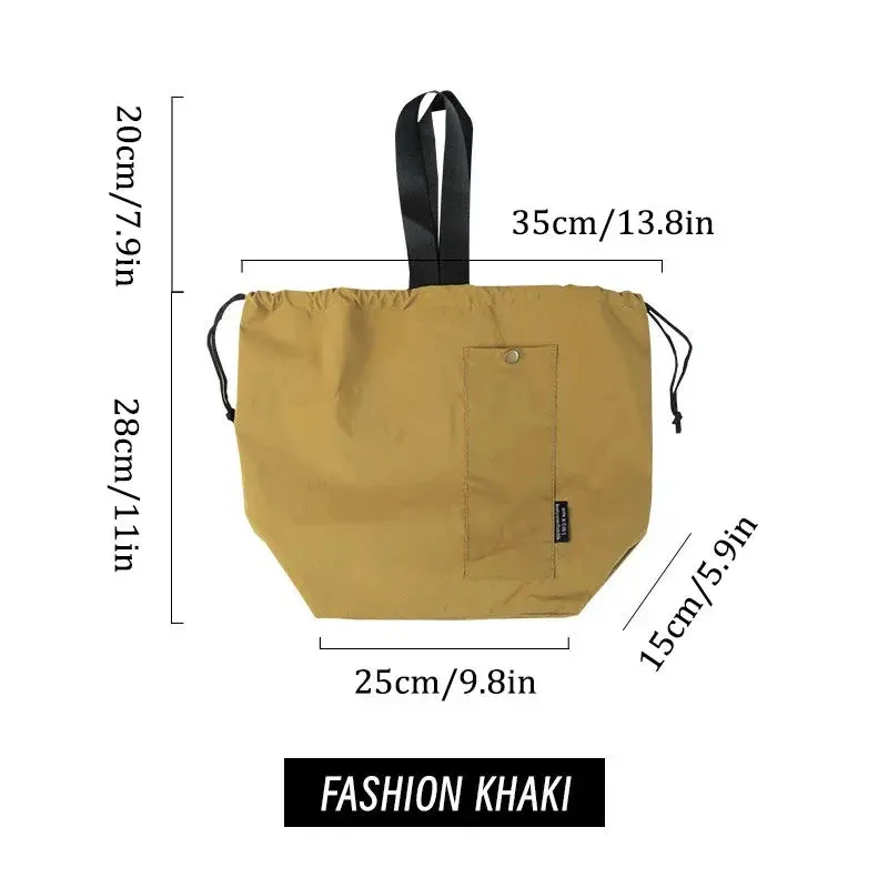 Japanese Korean Cotton Canvas Lunch Bag – Large Solid Color Drawstring Thermal Insulated Bento Box Storage for Picnic & Travel