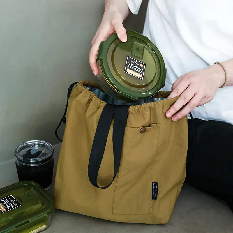 Japanese Korean Cotton Canvas Lunch Bag – Large Solid Color Drawstring Thermal Insulated Bento Box Storage for Picnic & Travel