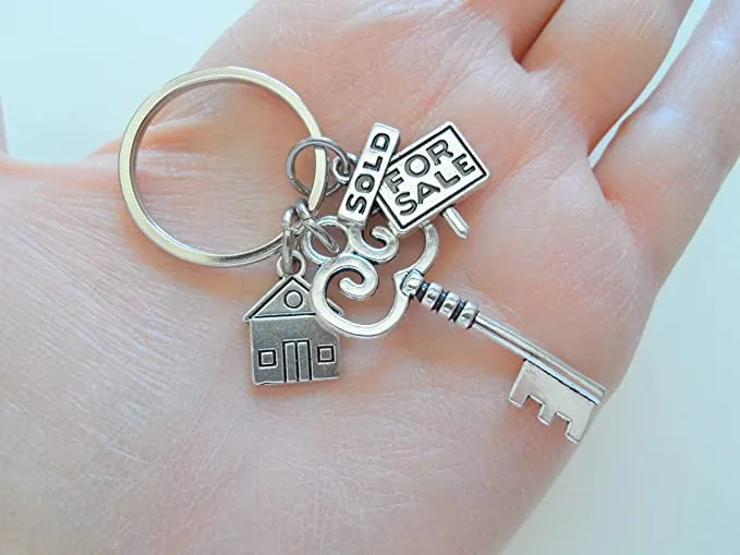 Key Charm Keychain with House Charm & For Sale Sold Sign Charm, Realtor or First Time Home Buyer Keychain