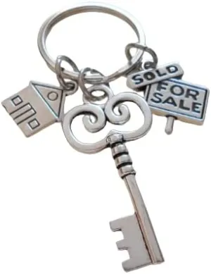 Key Charm Keychain with House Charm & For Sale Sold Sign Charm, Realtor or First Time Home Buyer Keychain