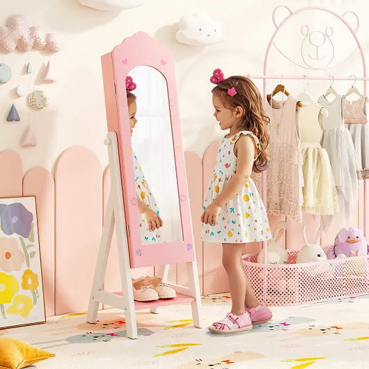 Kids Jewelry Organizer with Full Length Mirror Drawers and Storage Shelves-Pink
