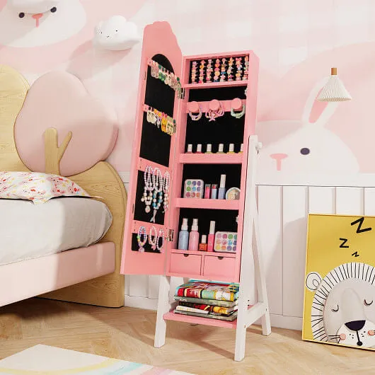 Kids Jewelry Organizer with Full Length Mirror Drawers and Storage Shelves-Pink