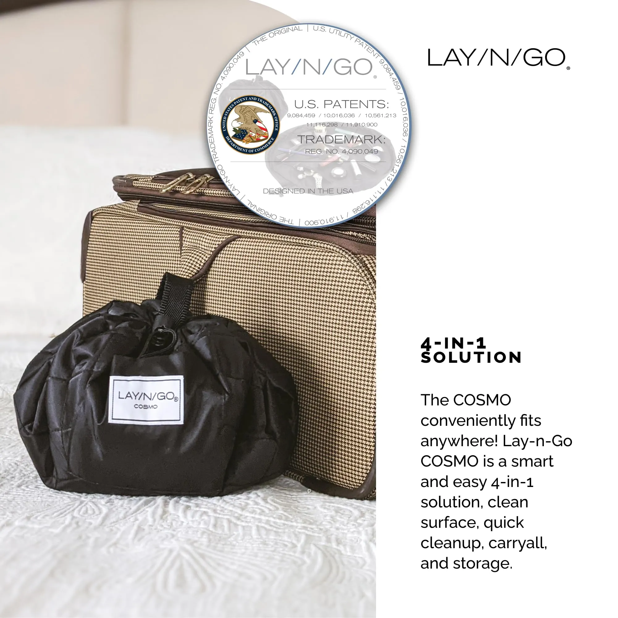 Lay-n-Go Cosmo Drawstring Cosmetic & Makeup Bag Organizer - Portable Drawstring Makeup Bag w/Zipper Pocket, Makeup Loops & More - Durable, Machine Washable Makeup Bag for Travel (20”, Navy)