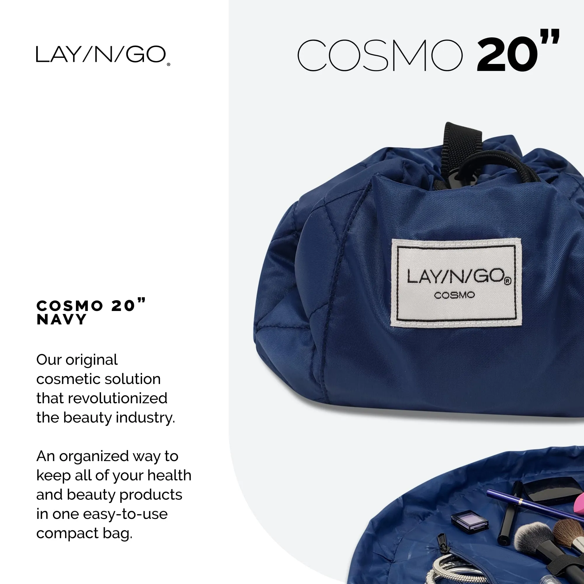 Lay-n-Go Cosmo Drawstring Cosmetic & Makeup Bag Organizer - Portable Drawstring Makeup Bag w/Zipper Pocket, Makeup Loops & More - Durable, Machine Washable Makeup Bag for Travel (20”, Navy)