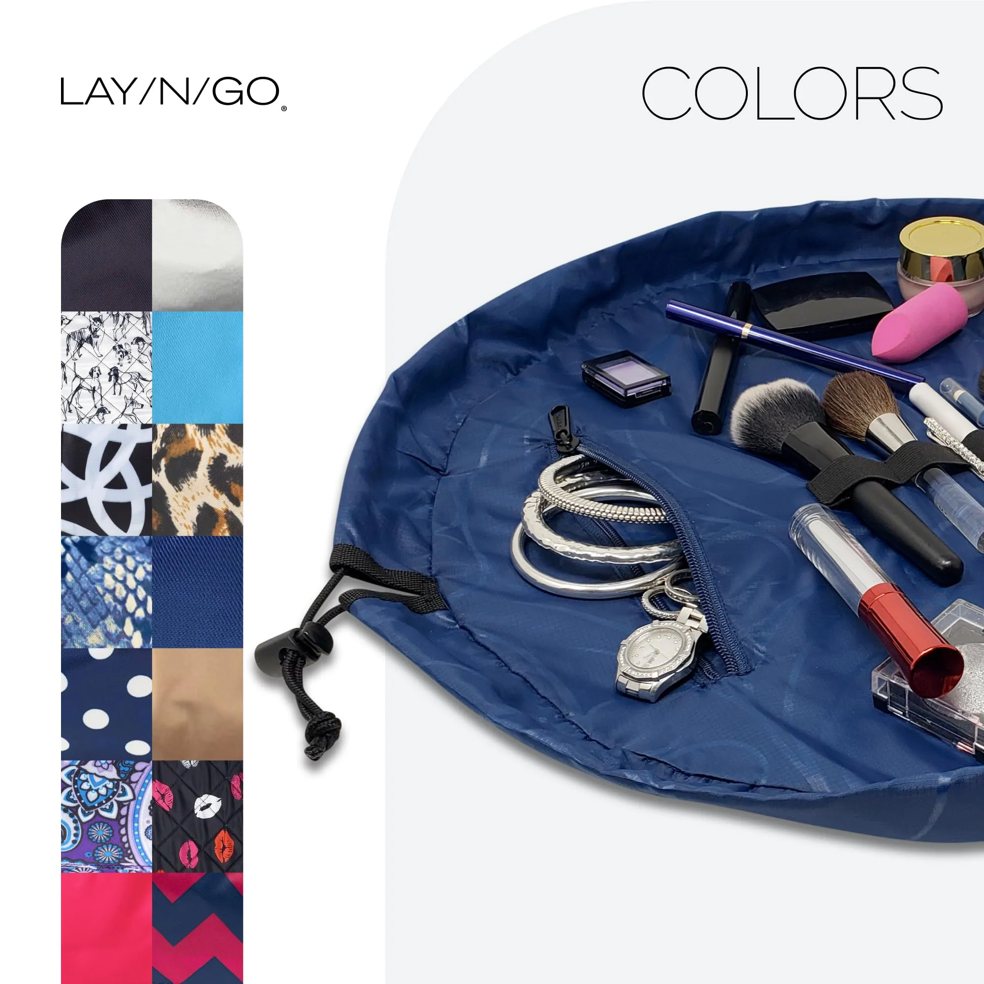 Lay-n-Go Cosmo Drawstring Cosmetic & Makeup Bag Organizer - Portable Drawstring Makeup Bag w/Zipper Pocket, Makeup Loops & More - Durable, Machine Washable Makeup Bag for Travel (20”, Navy)